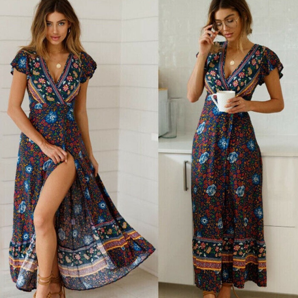 EUC- Aly Daly Flutter Sleeve Boho Chic Floral Print Wrap Maxi Dress